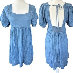 Hem & Thread‎ Solid Blue Square Neck Babydoll Dress- Medium